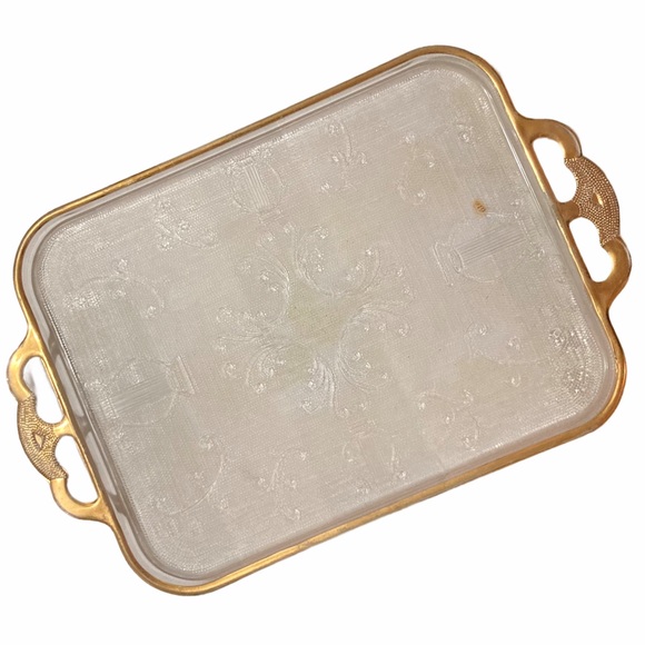 VTG Jeanette Glass Harp & Scroll Gilt Gold Tray